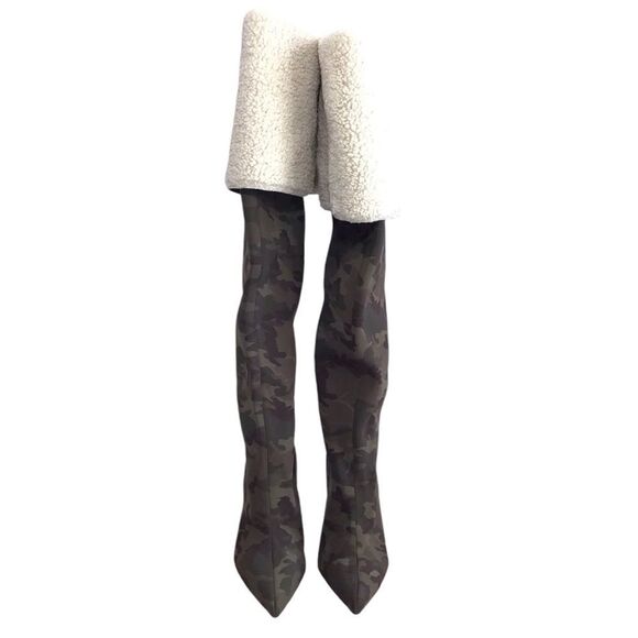 Good American Green Camo Neoprene High Kickstand Over The Knee Boots Size 9 - Picture 1 of 11